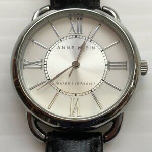-ANNE KLEIN ladies WRIST WATCH water resistant black leather strap silver chrome